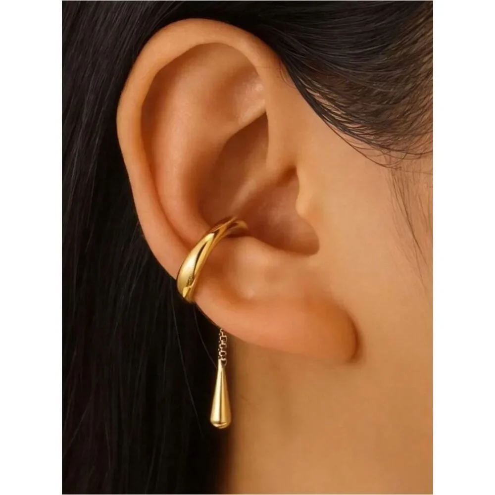 Gold Ear Cuff with Droplet Charm - Women Jewelry R 410